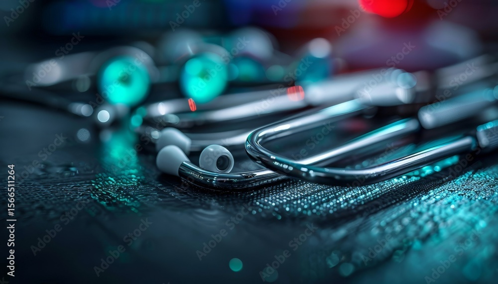 Poster a close-up view of stethoscopes on a dark surface, illuminated by soft blue and red lights, creating