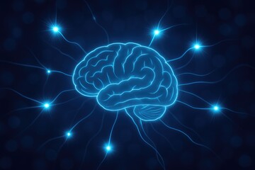 Glowing blue brain with neural connections and light bursts neural network neurons