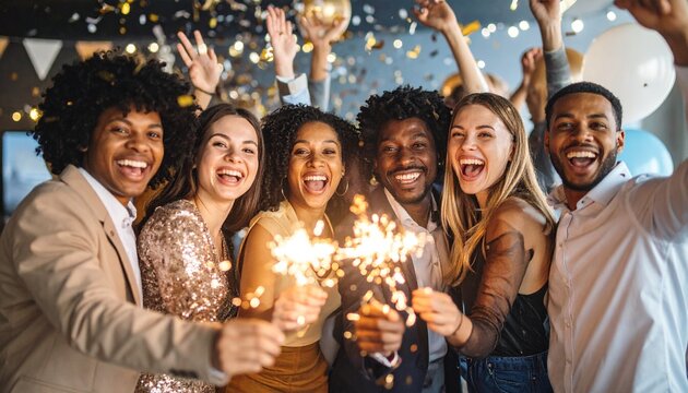 Diverse group of friends celebrating together with sparklers and joy