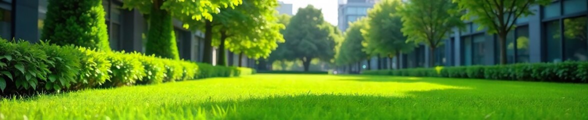 Serene office lawn scene, lush green grass, neatly trimmed hedges, modern building backdrop, tranquil workspace exterior Ideal for corporate, real estate, or environmental themes , modern, design