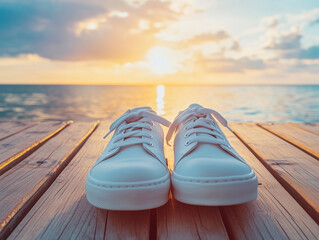 White sneakers on wooden pier at sunset by the sea
