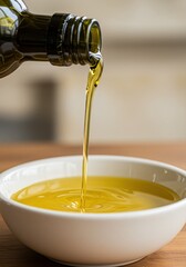 Pouring Golden Olive Oil into White Bowl on Wooden Table