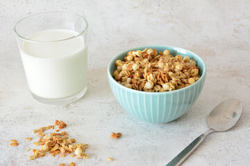 Granola Cereal with Milk in a Bowl, Healthy Breakfast