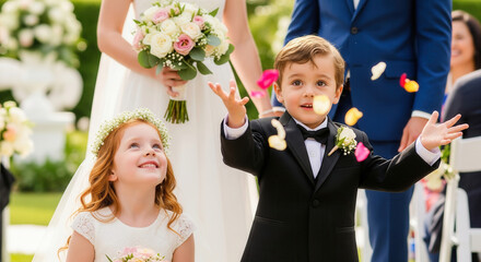Wedding celebration unfolds with children joyfully scattering flower petals around the bride and groom.