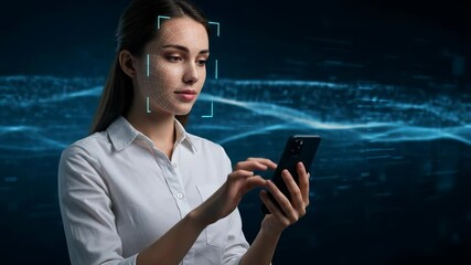 Facial recognition technology depicted with a woman in her 20s using biometric scan to unlock her mobile phone with a data visualization background. - Powered by Adobe