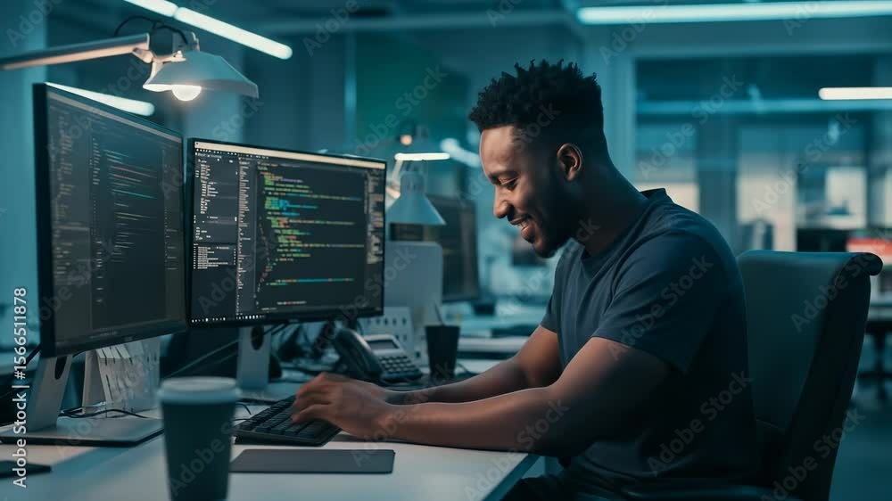 Poster a smiling black man in his 30s happily coding software at his desk in a modern tech office