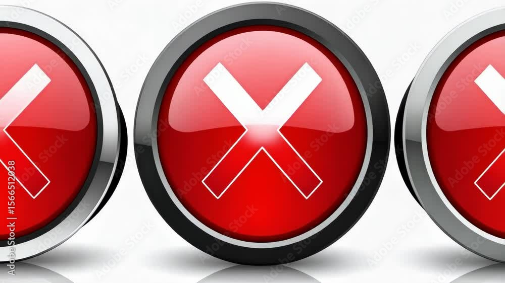 Poster three glossy red circles displaying white x symbols, isolated on a bright white background and refle