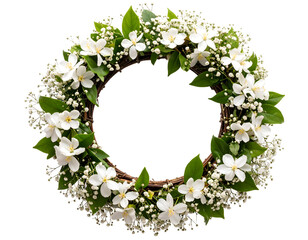A charming circular wreath crafted with fragrant white blooms and vibrant green leaves.