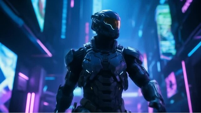 Futuristic Human in Exosuit Armor in Cyber City