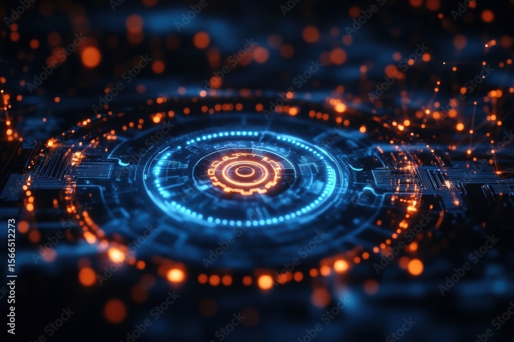 Poster futuristic digital interface with glowing blue and orange circular tech patterns, representing advan