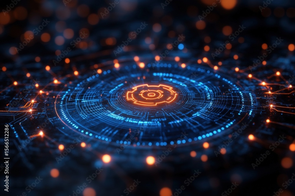 Poster a glowing futuristic digital interface with blue and orange circuits and nodes forming a circular pa