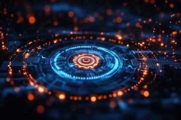 Futuristic digital interface with glowing blue and orange circular tech patterns, representing advanced technology or a high-tech control system.