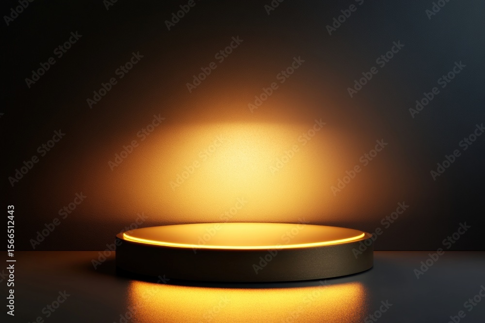 Poster a round, illuminated platform emits a warm golden glow against a dark background, creating a minimal