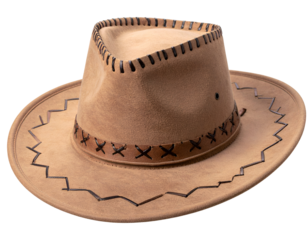 Authentic brown cowboy hat with decorative stitching and a textured surface, evoking a classic western style.