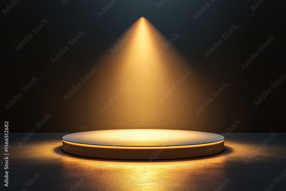Poster a round platform spotlighted by a warm, focused beam against a dark textured background, creating a 