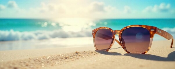 Sunglasses Reflecting Summer Sky on Sun-Drenched Beach Perfect for Travel & Vacation Promotions