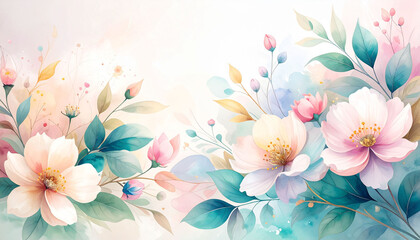 a vibrant floral illustration with a watercolor effect, placed side by side against a soft, pastel backdrop that gradually transitions from white to light blue.