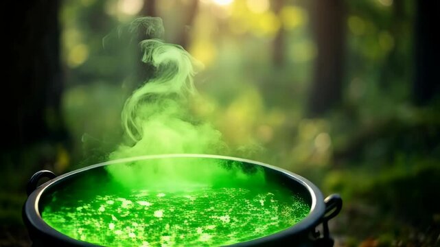 Bubbling green potion in a black cauldron in the forest with sunlight streaming through the trees casting a magical light