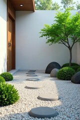 Serene Zen Garden Raked Gravel, Smooth Stones, Minimalist Landscaping, Peaceful Meditation Scene
