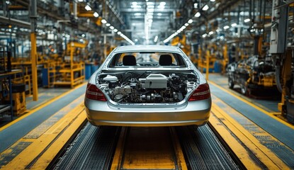 A silver car is on an assembly line in a large, industrial automotive factory with exposed engine and machinery, surrounded by manufacturing equipment and bright overhead lights.