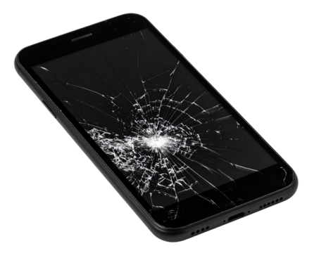 A modern smartphone lies with its screen shattered, displaying a starburst of cracks from an impact.