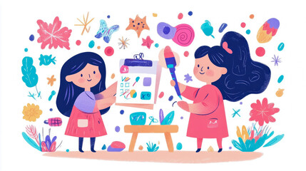 Creative Workshop: Two Young Artists at Work on a Collaborative Art Project