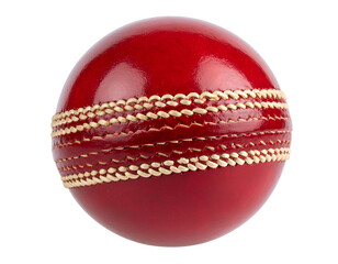 The iconic red cricket ball with its distinctive white seam perfectly poised for a thrilling match.