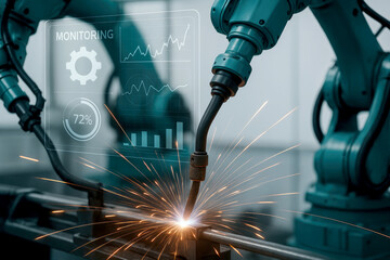Robotic arm welding metal with sparks and digital monitoring industrial