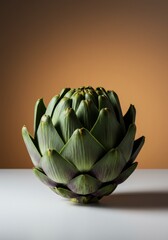 Fototapeta premium Green Artichoke on White Surface Against Brown Background
