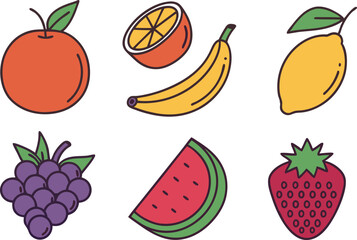 Fresh Fruits Icon Set for Healthy Food and Nutrition Designs. High Quality Fresh Fruits Icon Set for Creative and Commercial Use. Colorful Fresh Fruits Icon Set for Digital and Print Media