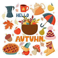 Hand drawn autumn symbols. Cute cozy autumn elements
