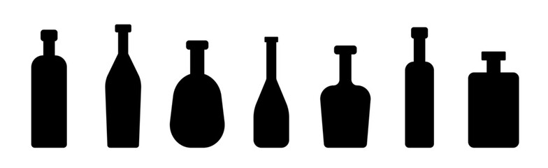 Bottle types vector illustrations set. Alcohol glasses  silhouette collection. Glass bottle types isolated.
