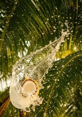 Coconut Water Splash Against Lush Green Palm Leaves