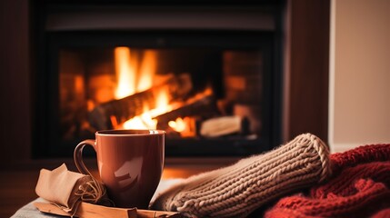 A cozy living room with a fireplace, wool socks stretched toward the flame, and a small table with a book, knit blanket, and chai latte topped with cinnamon, deep warm color scheme, full frame