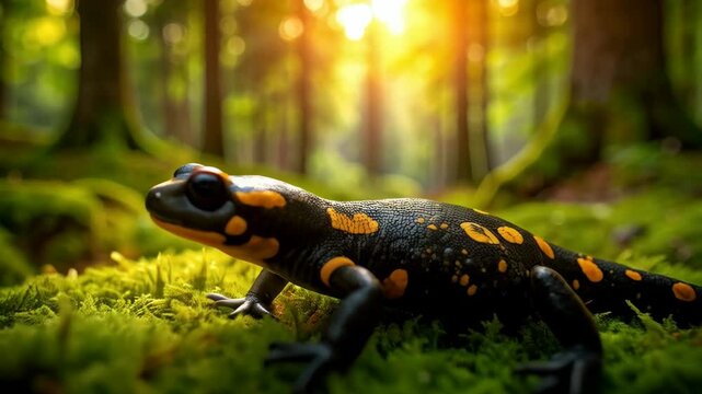 Fire salamander crawling on moss in a forest environment with sunlight and trees in the background