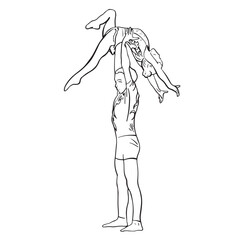 Acrobatic, balance, performance, cooperation concept. Hand drawn acrobats on static scene . Isolated vector illustration , acrobatics, gymnastic sketch illustration. Duo children, couple