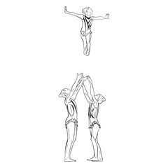Acrobatic, balance, performance, cooperation concept. Hand drawn acrobats on static scene . Isolated vector illustration , acrobatics, gymnastic sketch illustration. Flying trio