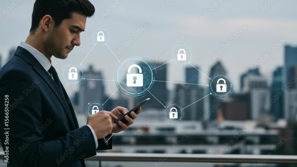 Poster cybersecurity businessman uses secure smartphone data network, protecting business transactions over