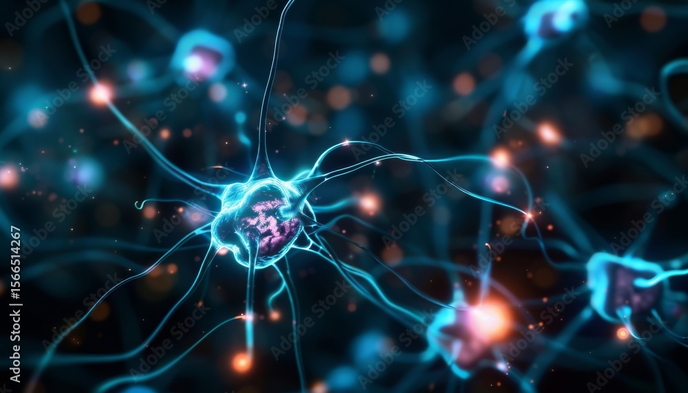 Poster a colorful, abstract representation of neurons with glowing connections, illustrating the complexity