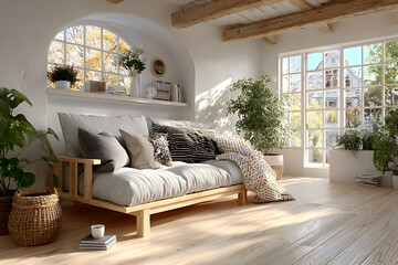Minimal Scandinavian living room interior with natural light and empty space