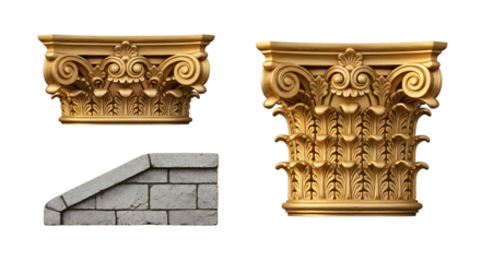 Collection of ornate classical architectural elements featuring gilded Corinthian column capitals and stone wall detail isolated on a black background for design and 3D visualization.
