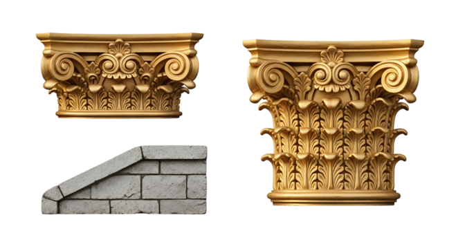 Collection of ornate classical architectural elements featuring gilded Corinthian column capitals and stone wall detail isolated on a black background for design and 3D visualization.