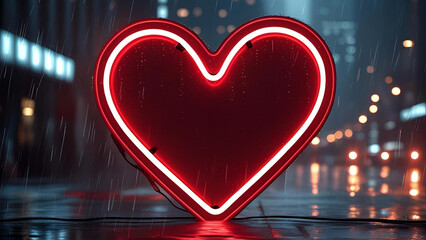 A red neon heart sign beaming against the city lights in the rain
