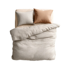 A neatly made bed featuring a beige comforter and two textured pillows, one brown and one light gray.