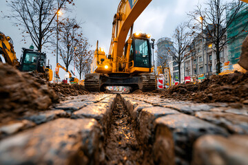 Excavator digging trench next to cobblestone sidewalk for utility works