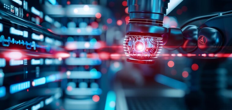A futuristic robotic arm interacts with a data server, illuminated by glowing lights, showcasing advanced technology and digital innovation.