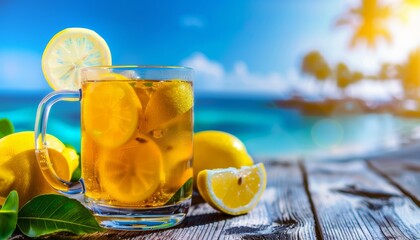 A refreshing glass of lemonade sits on a wooden surface, surrounded by fresh lemons, with a beautiful beach and palm trees in the background.