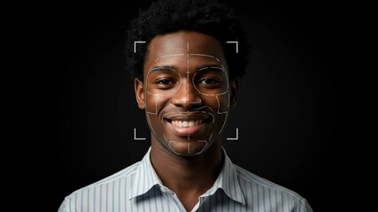 Face recognition technology identifies a smiling African American man in his twenties with secure biometric authentication. - Powered by Adobe