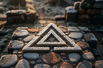 Intricate triangular stone structure covered in frost and snow in soft morning light
