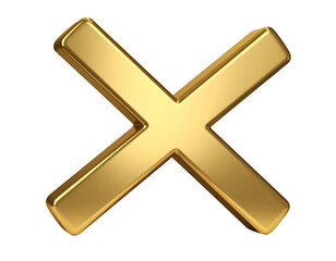 A radiant three-dimensional golden X symbol with smooth, reflective surfaces, perfect for diverse graphic applications.